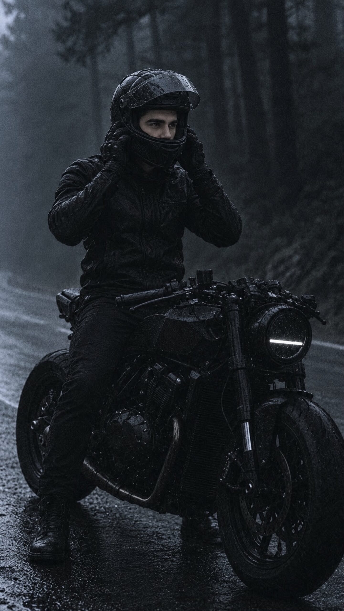 Firat Zan black motorcycle portrait in a rain-soaked forest