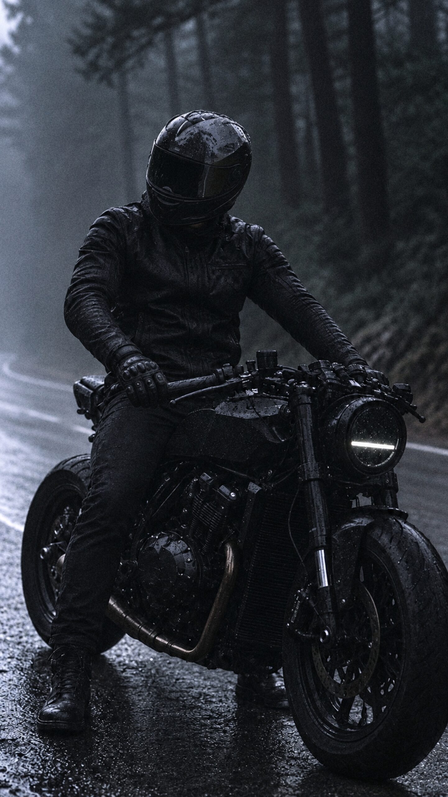 Firat Zan black helmet motorcycle editorial in a rain-soaked forest