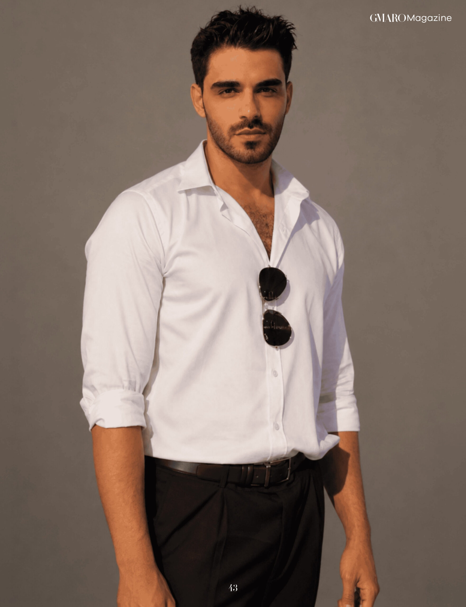 Firat Zan GMARO white shirt full length editorial portrait