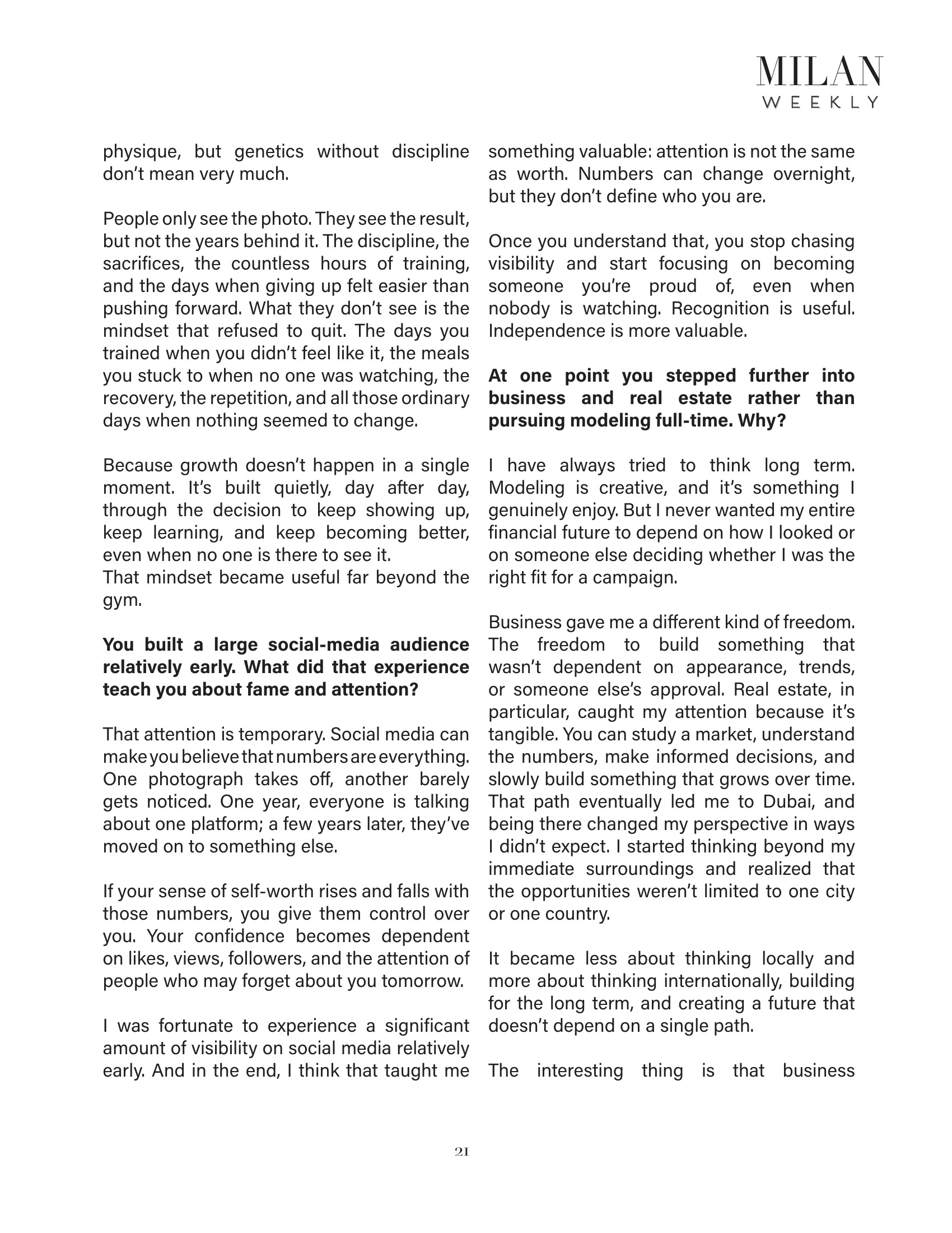 Firat Zan Milan Weekly published feature page 21