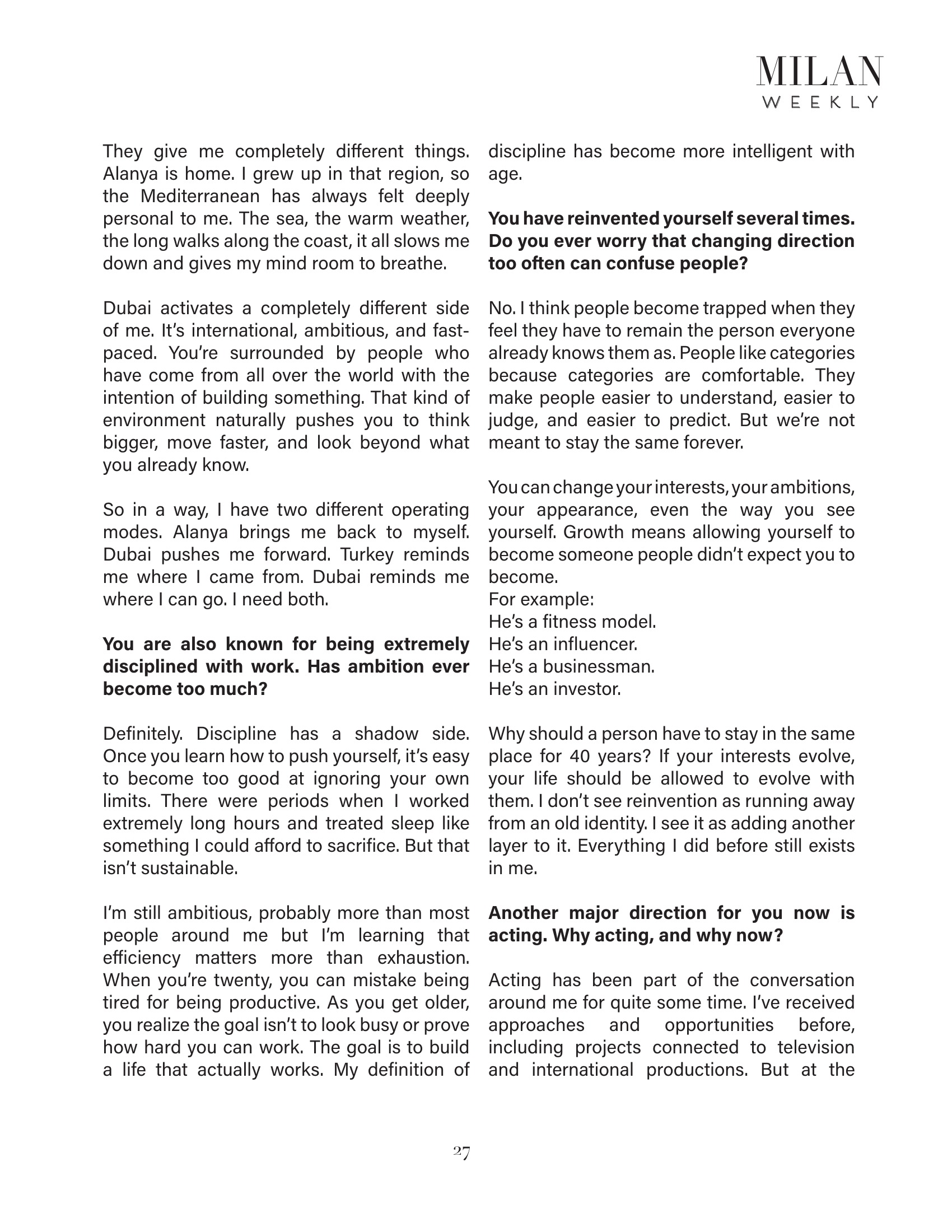 Firat Zan Milan Weekly published feature page 27