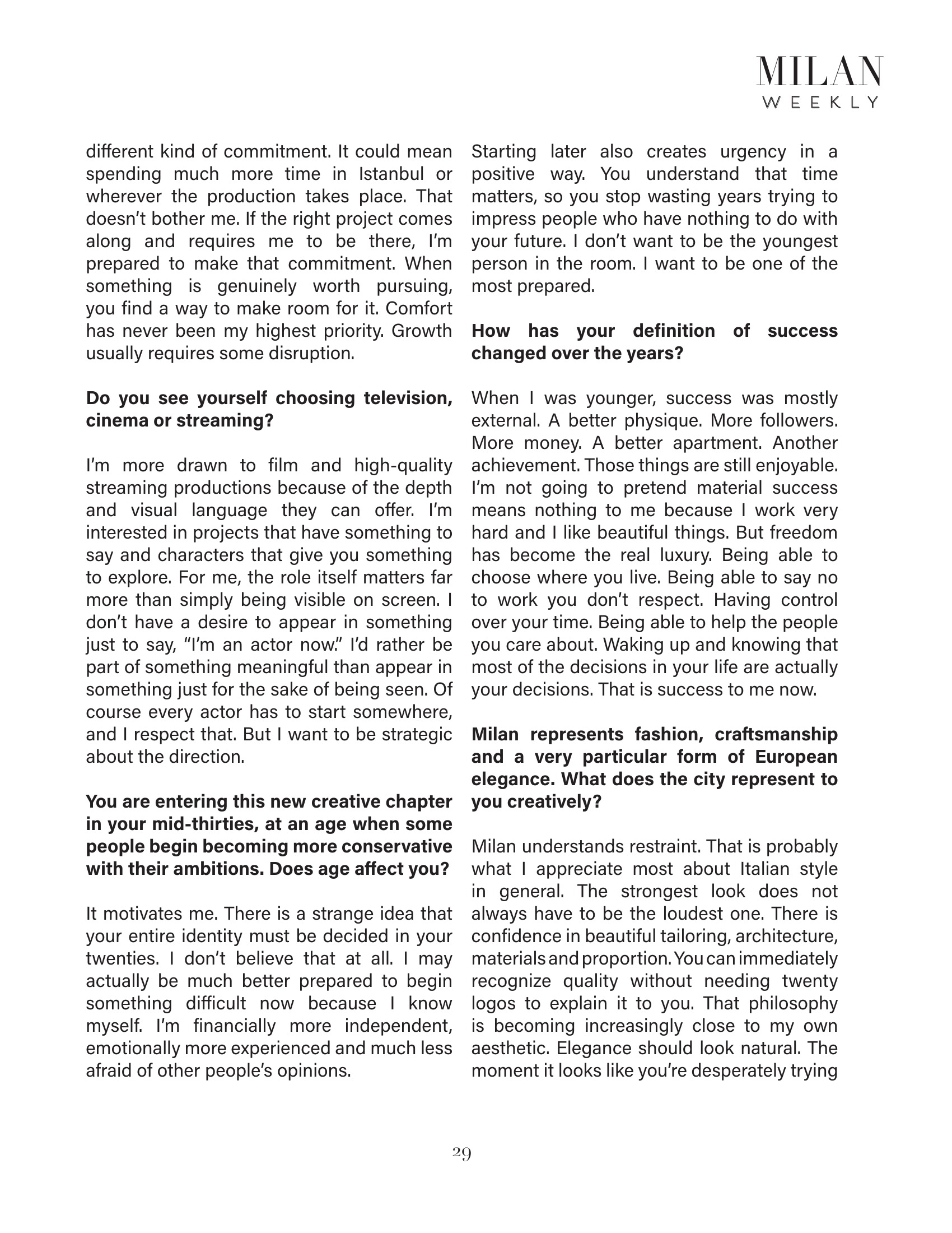 Firat Zan Milan Weekly published feature page 29